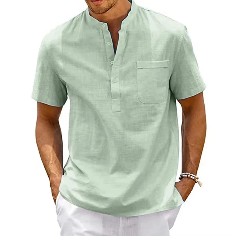 Cotton Linen Shirt Men Henley Neck Pocket Casual Beach Short Sleeve Solid Color Male Tops T-Shirts Vintage Streetwear